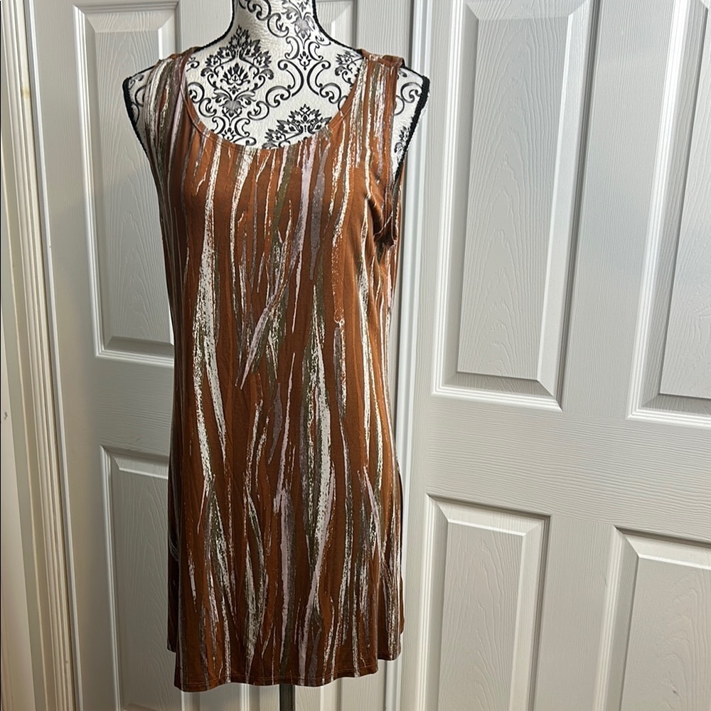 LOGO Lori Goldstein Brown & Silver Sleeveless‎ Dress Light Flowly L